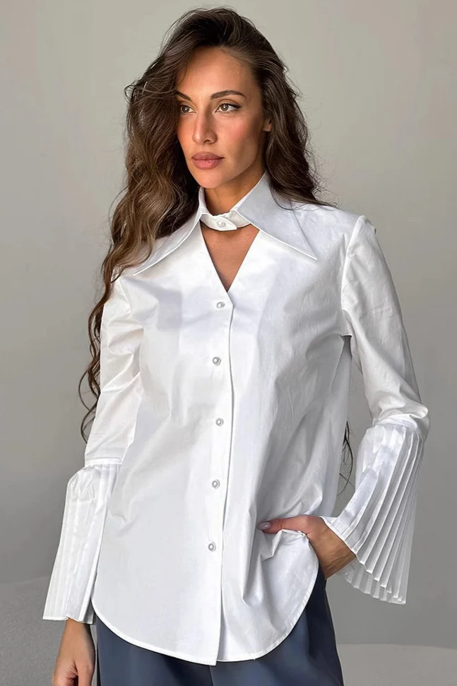 Pintuck Flare Sleeve Cotton Blouse - konjwa
