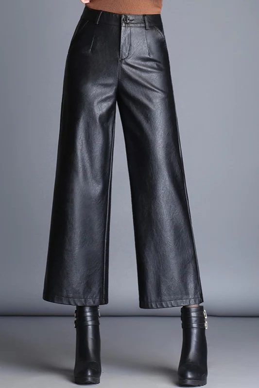 High Waisted Cropped Wide Leg PU Leather Pants - konjwa