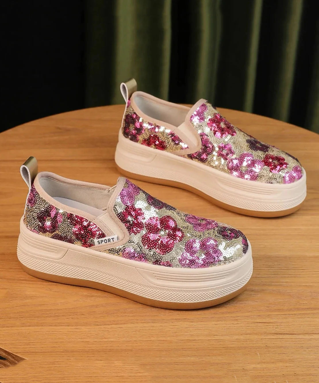 Beautiful Pink Sequins Print Tulle Loafer Shoes - konjwa