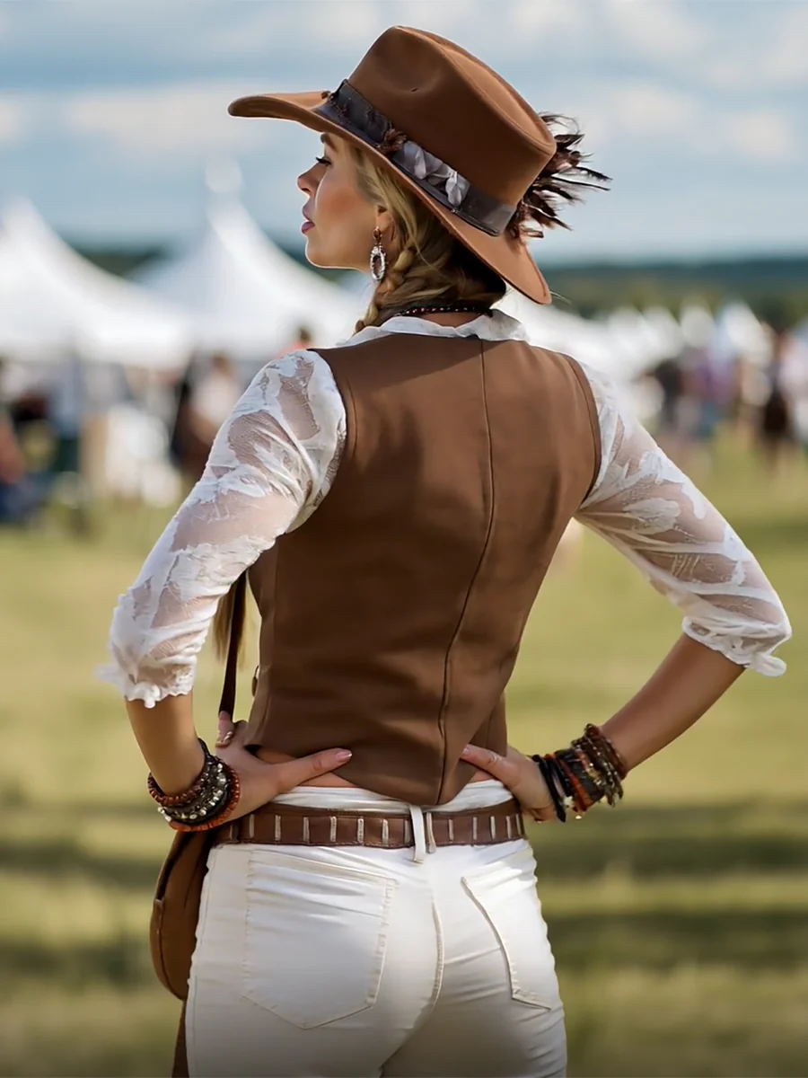 Romantic Western Style Lace Sleeves Brown Suede Shirt - konjwa