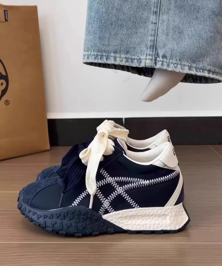 Casual Comfy Navy Lace Up Splicing Platform Shoes - konjwa