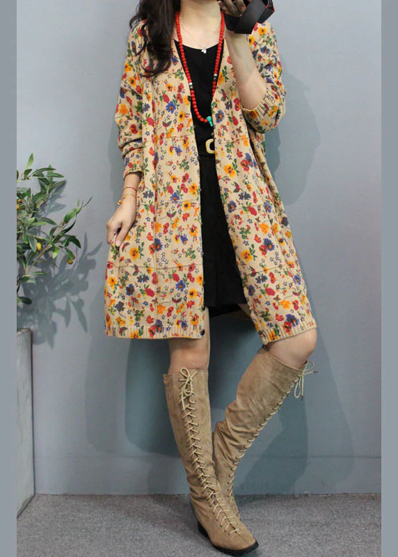 Organic Apricot V Neck Print Button Fall Floral Sweater Cardigans - konjwa