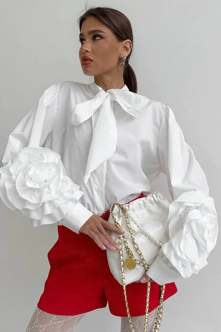Lantern Sleeve Floral Tie Blouse - konjwa