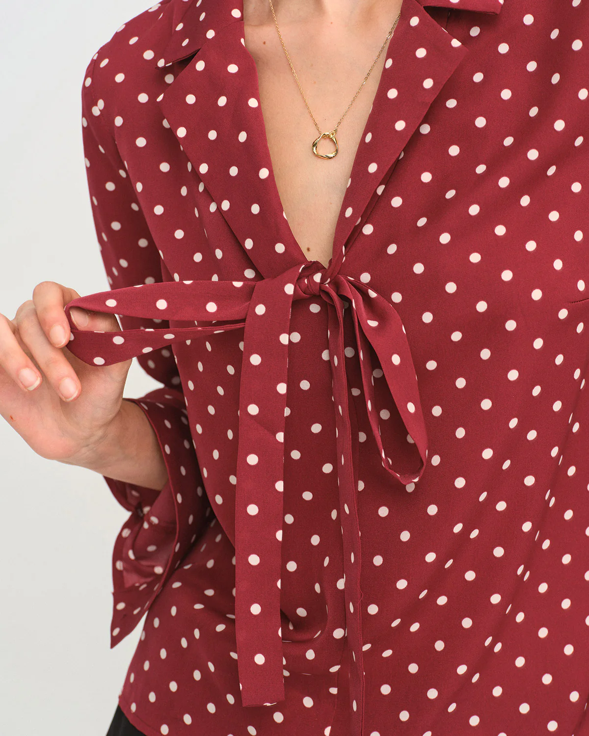 Dark Red Polka Dot Tie Neck Shirt - konjwa
