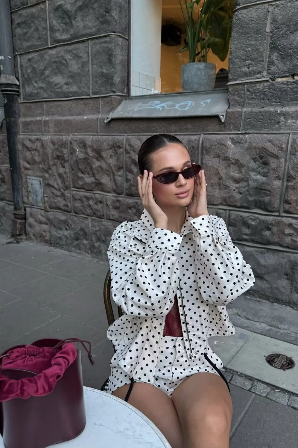 Stand Collar Dot Print Jacket - konjwa