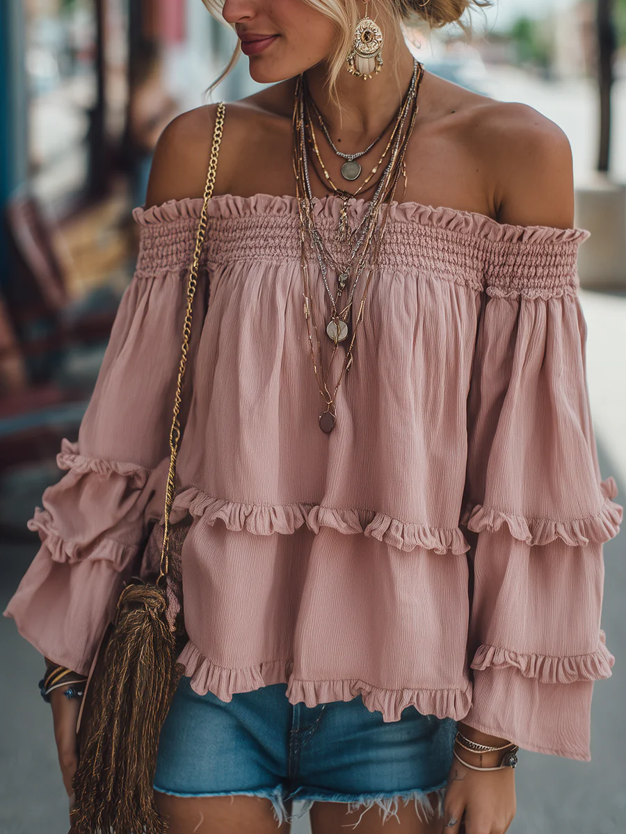 Vintage Off Shoulder Long Sleeve Loose Shirt - konjwa