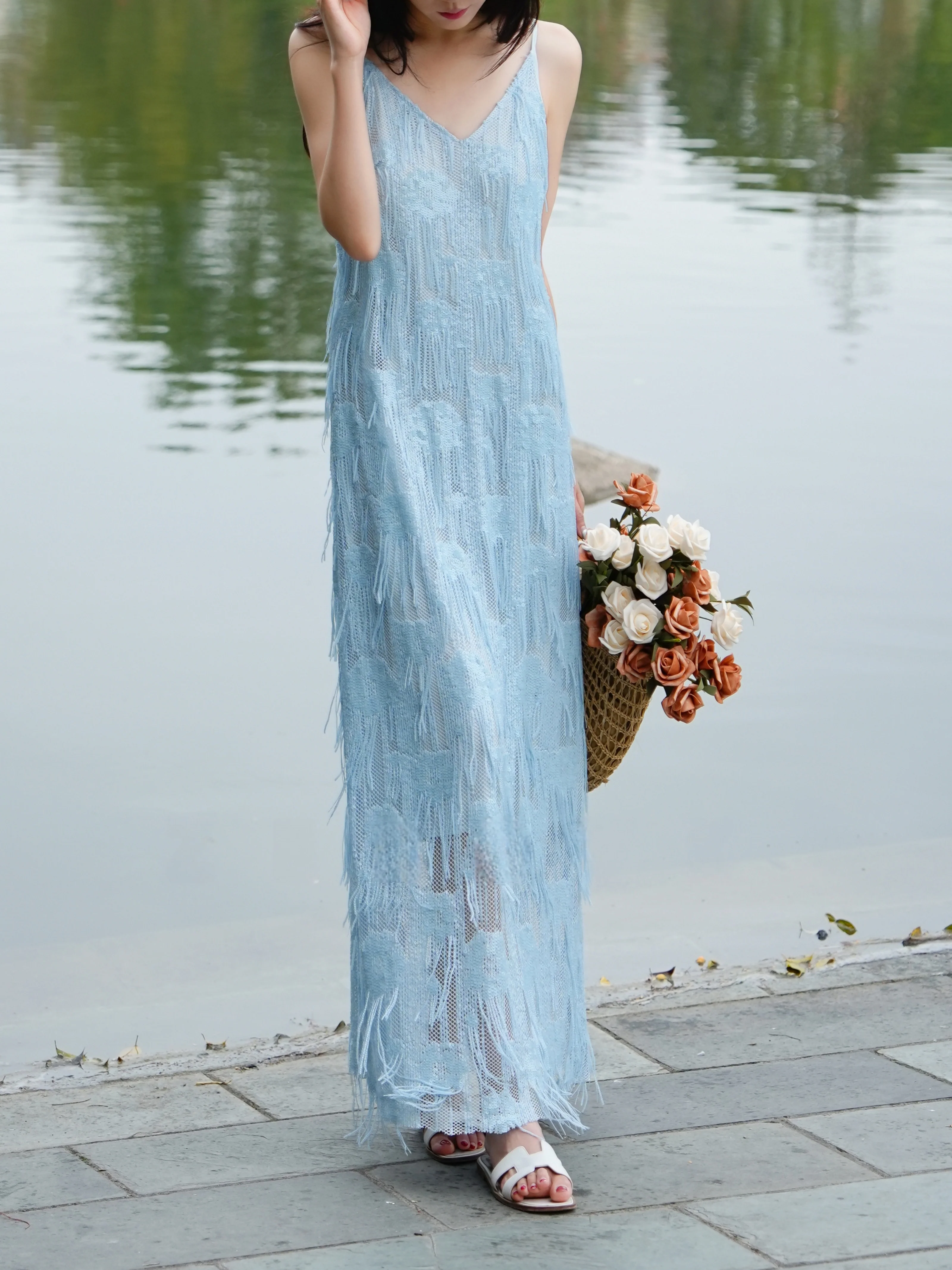 Light Blue French Fringe V‑Neck Slip Maxi Dress – Elegant Tassel Textured Camisole Dress - konjwa