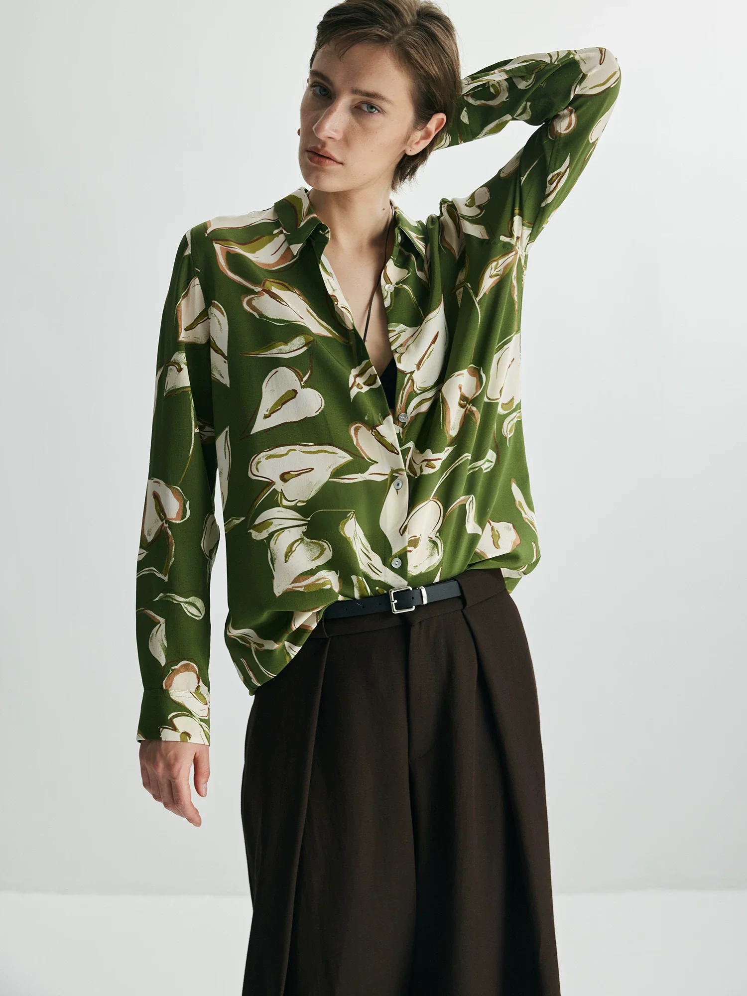Women's Mulberry Silk Floral Print Long-Sleeve Shirt – Elegant Comfortable Everyday Silk Blouse - konjwa