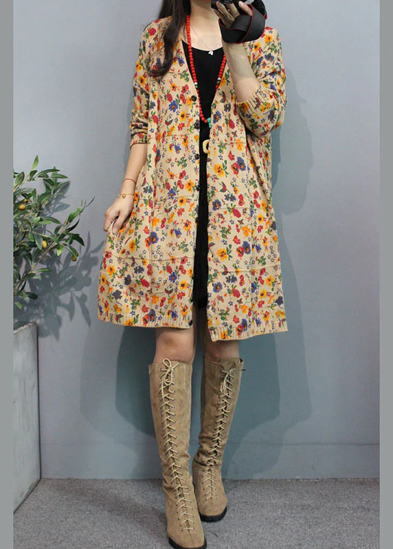 Organic Apricot V Neck Print Button Fall Floral Sweater Cardigans - konjwa