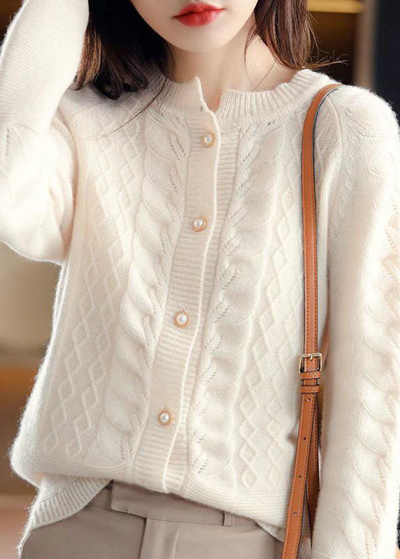Beautiful Beige O-Neck Pearl Button Wool Knit Cardigan Winter - konjwa