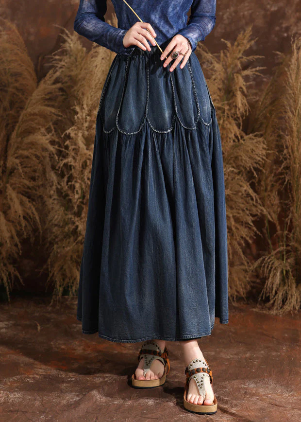 French Navy Patchwork Elastic Waist A Line Denim Skirts Summer - konjwa