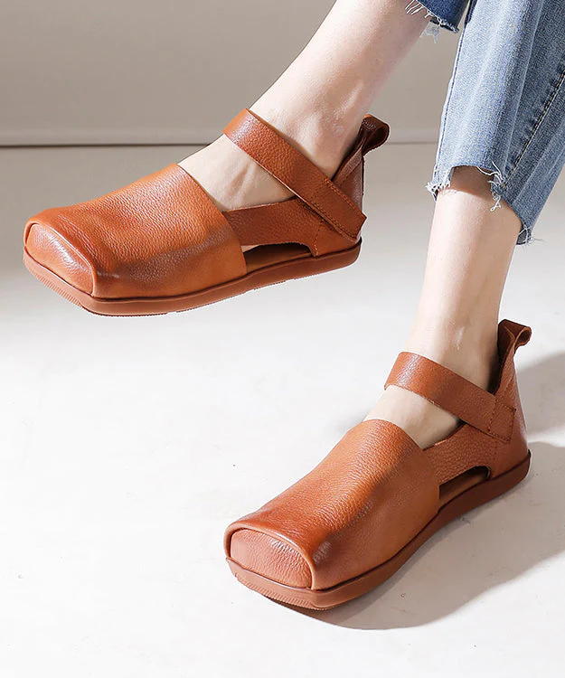 Handmade Retro Splicing Flat Feet Shoes Brown Cowhide Leather - konjwa
