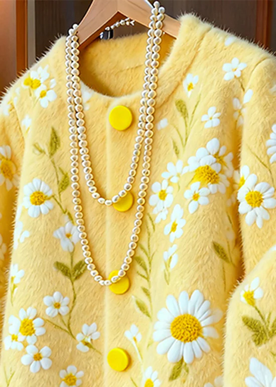 Beautiful Yellow O Neck Dotted Daisy Knit Cardigans Winter - konjwa