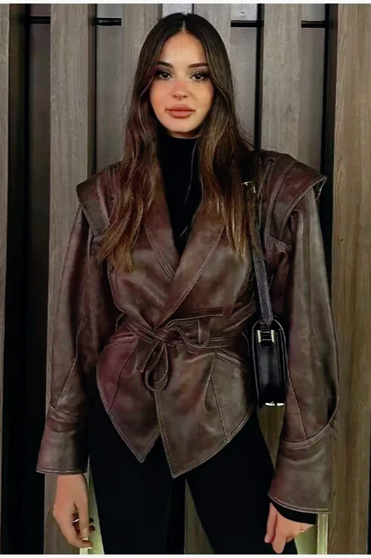 Shawl Collar Belted Leather Jacket - konjwa