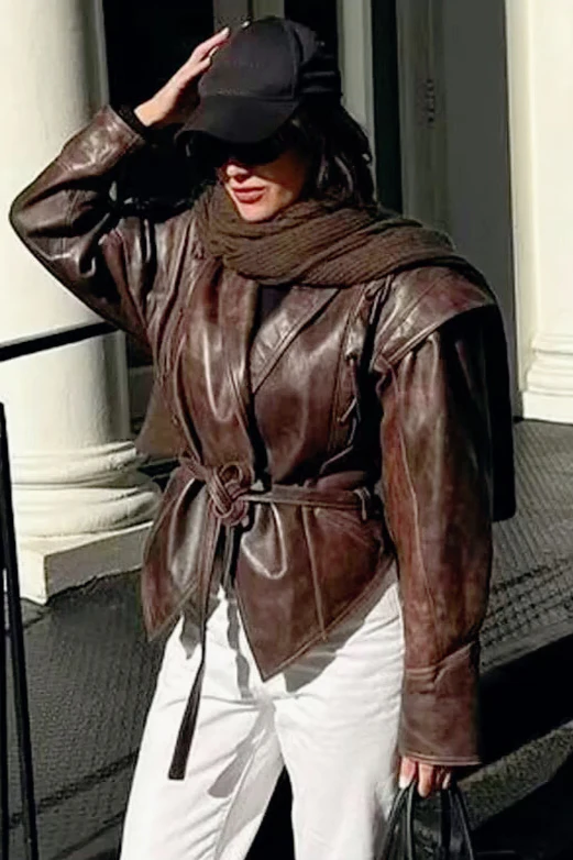 Shawl Collar Belted Leather Jacket - konjwa