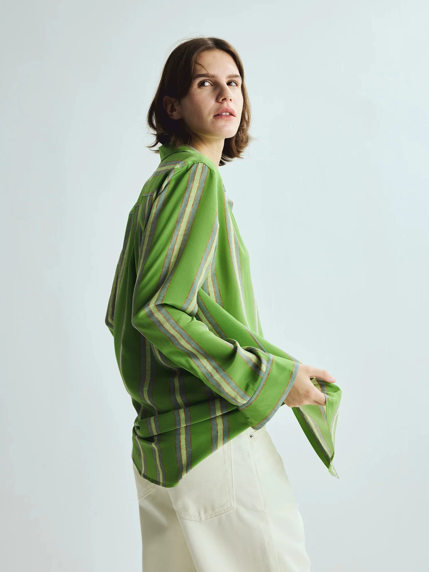French-Inspired Heritage Green Stripe Pure Silk Shirt – Heavyweight 100% Mulberry Silk, Relaxed Women’s Blouse - konjwa
