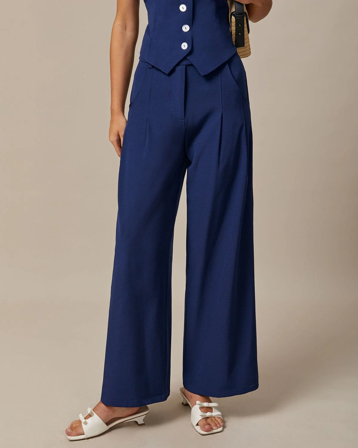 The Navy High Waisted Pockets Straight Pants - konjwa