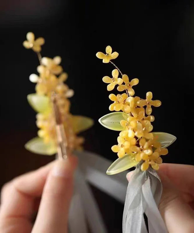 Chinese Style Yellow Alloy Tulle Osmanthus Ribbon A Pair Hairpin - konjwa