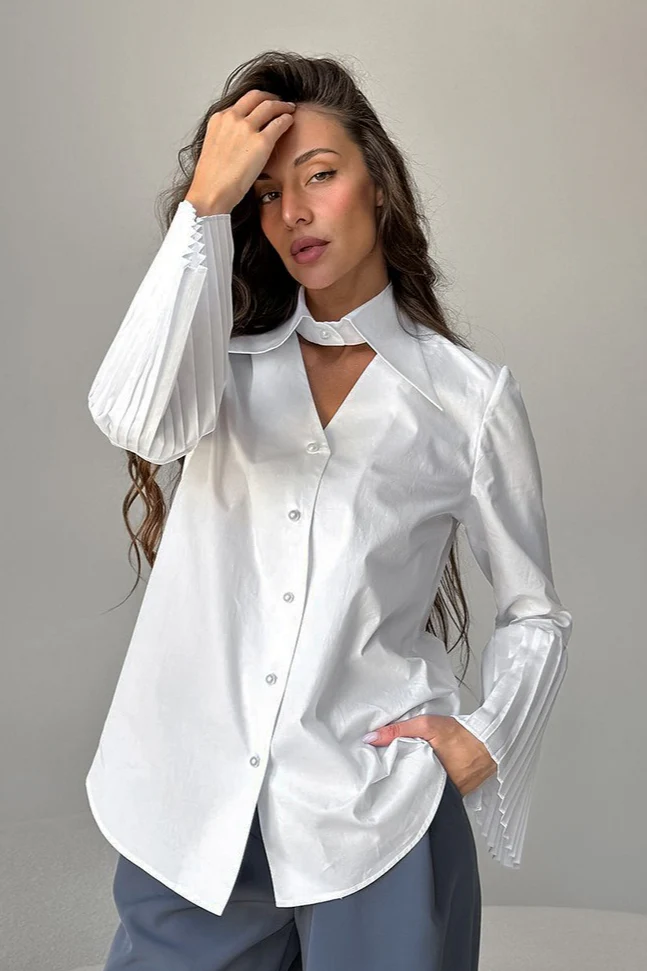 Pintuck Flare Sleeve Cotton Blouse - konjwa