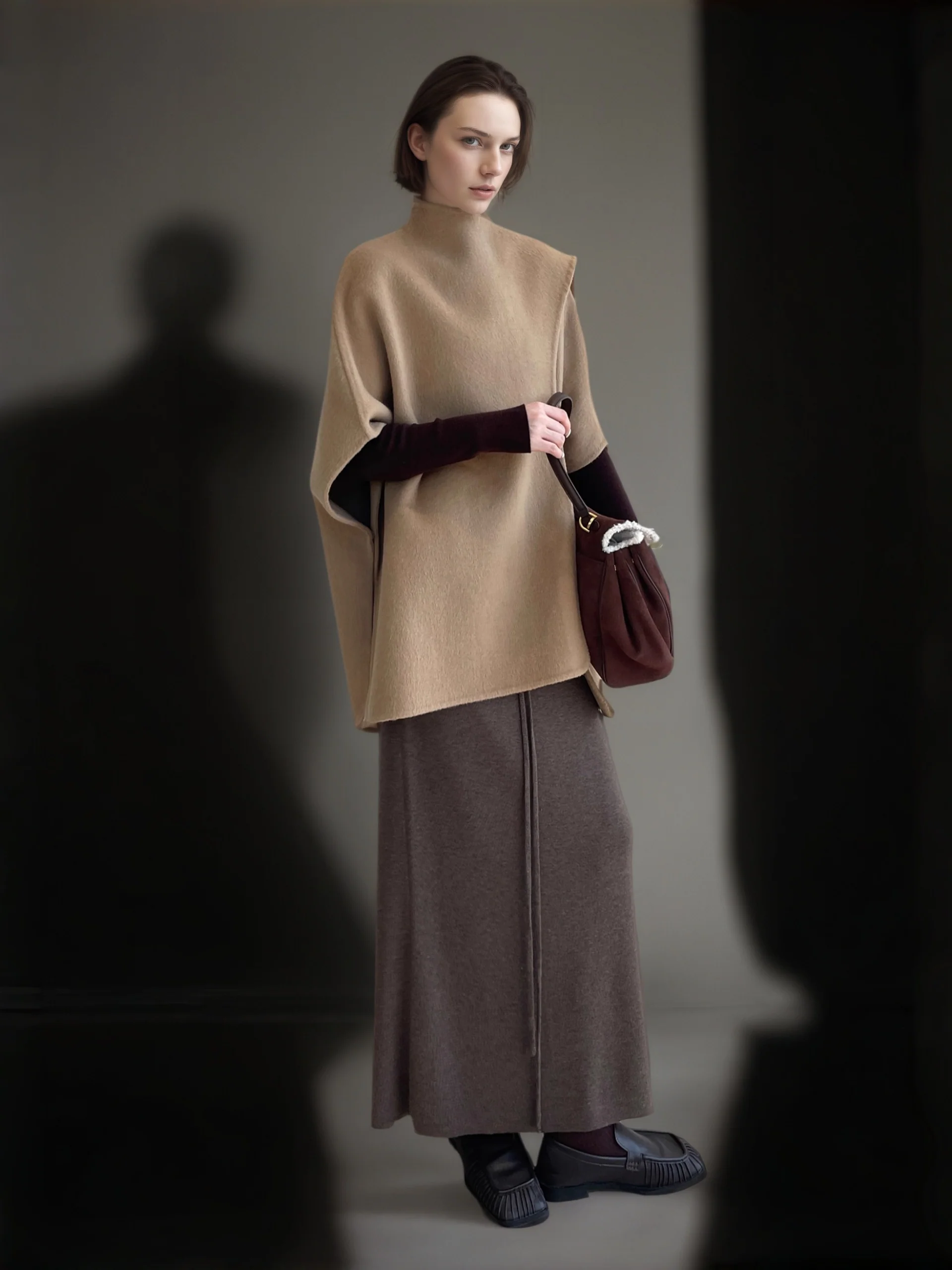 Tencel Wool Double-Faced Shawl Cape Coat for Women | Asymmetric Art-Inspired Deconstructed Design - konjwa