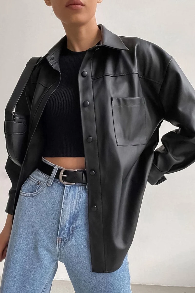 Moto Style Faux Leather Jacket - konjwa
