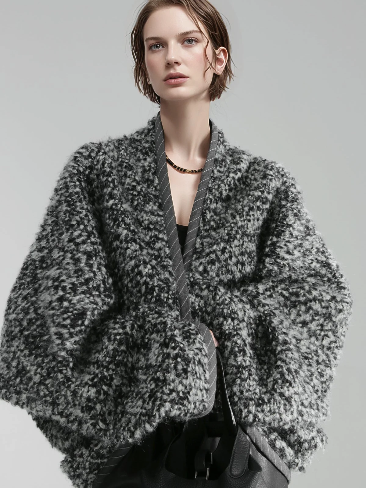 Old Money Style Batwing Sleeve Cardigan Coat for Women – Double-Faced Alpaca Wool Cape with Leather Trim and Speckled Dot Detail - konjwa