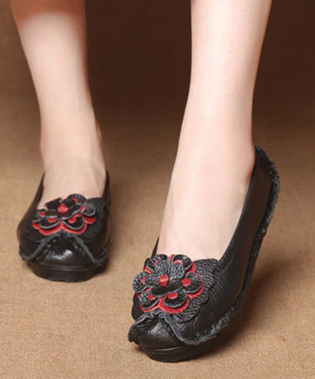 Boutique Yellow Cowhide Leather Flower Splicing Flat Shoes - konjwa