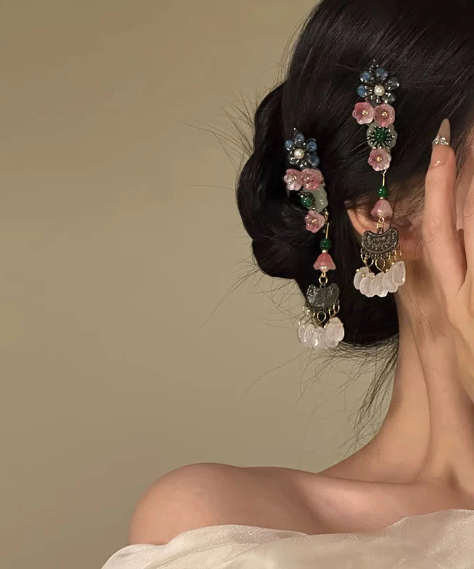 Chinese Style Multicolor Alloy Floral Tassel A Pair Hairpin - konjwa