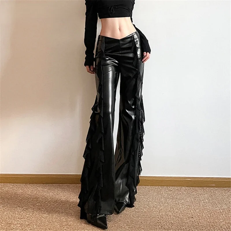 Gothic Zip Women Casual Flare Pants Faux PU Mesh Pants - konjwa