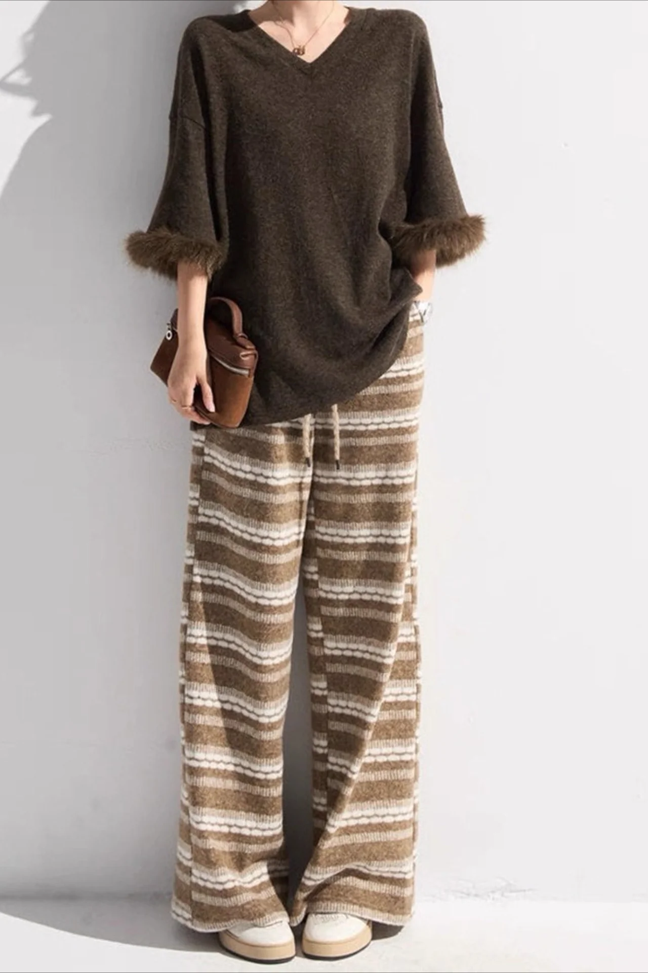 Relaxed Fair Isle Fleece Wide Leg Knit Pants - konjwa