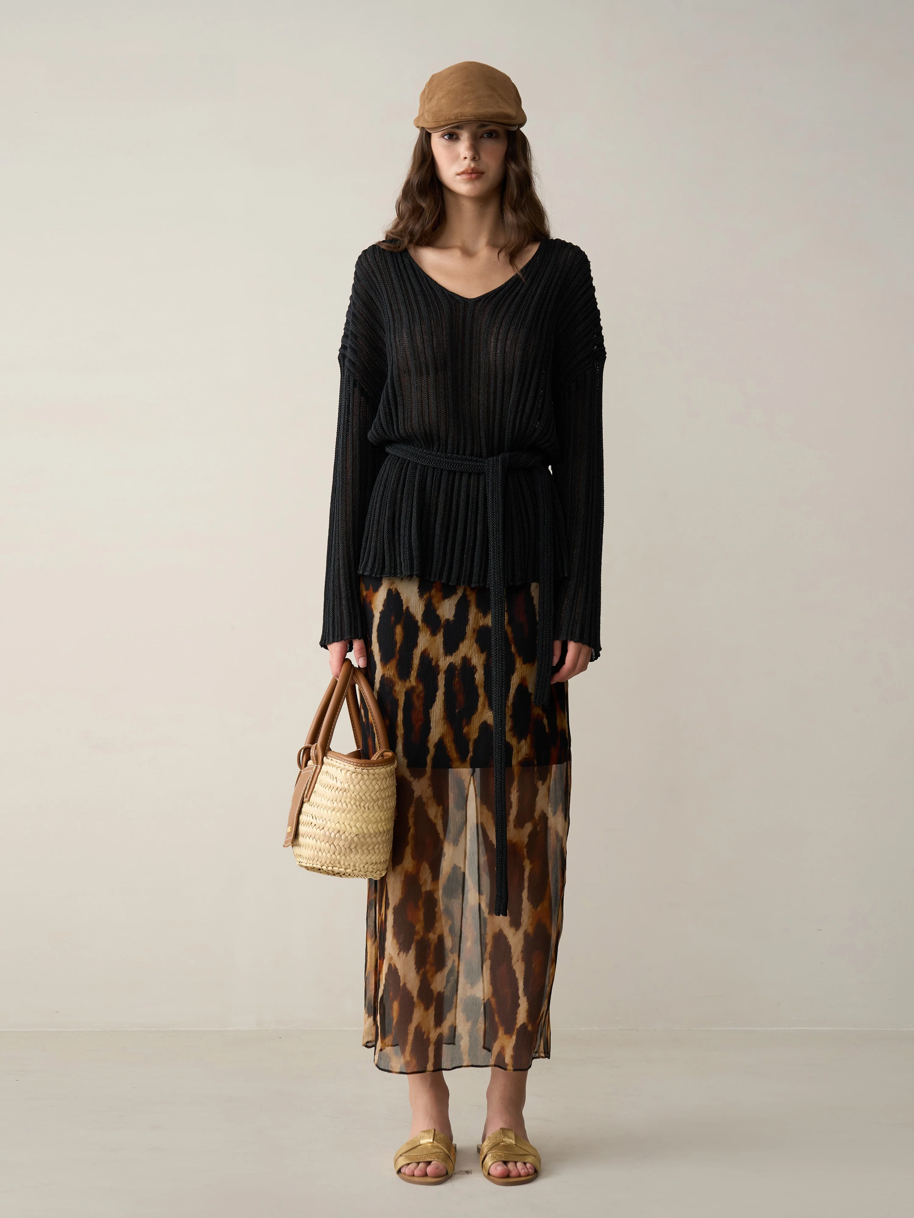 High-Waist Silk Leopard Print Midi Skirt – Lined for Comfort and Elegance - konjwa