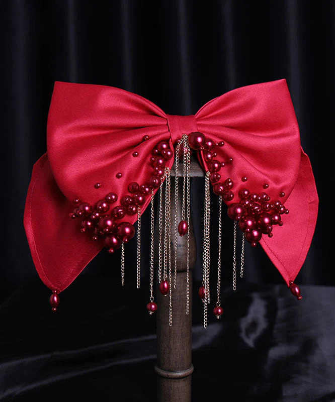 Unique Red Silk Cotton Pearl Bow Tassel Hairpin - konjwa
