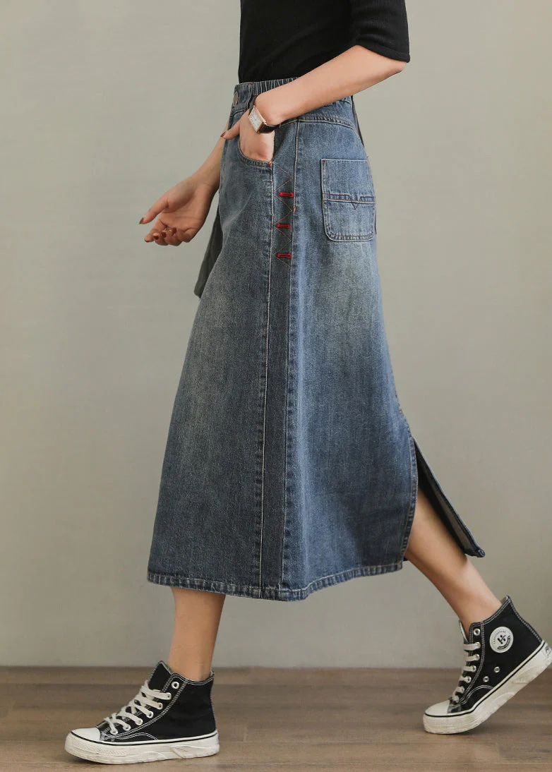 New Denim Blue Pockets Side Open High Waist Denim Skirt Summer - konjwa
