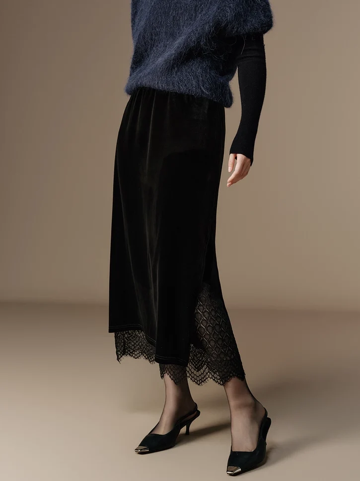 French Romantic Style Stretch Waist Lace-Trim Draped Velvet Long Skirt - konjwa