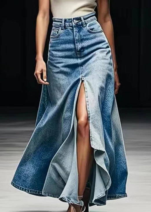 Plus Size Blue Pockets Side Open Denim Maxi Skirts Summer - konjwa
