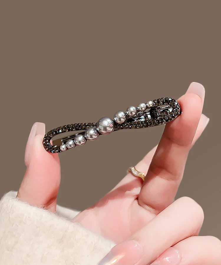 Chic Black Metal Alloy Zircon Pearl Bow Hairpin - konjwa