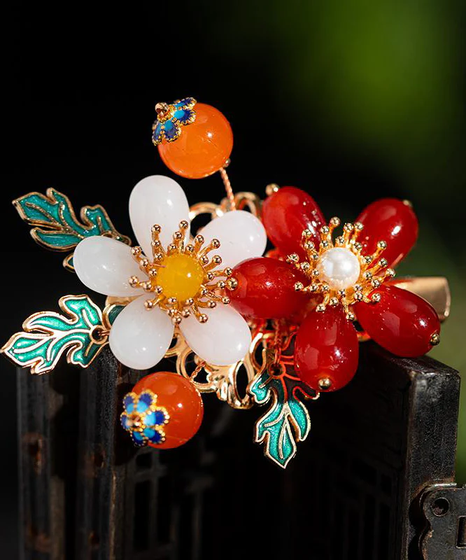Vintage Colorblock Alloy Pearl Colored Glaze Floral A Pair Hairpin - konjwa