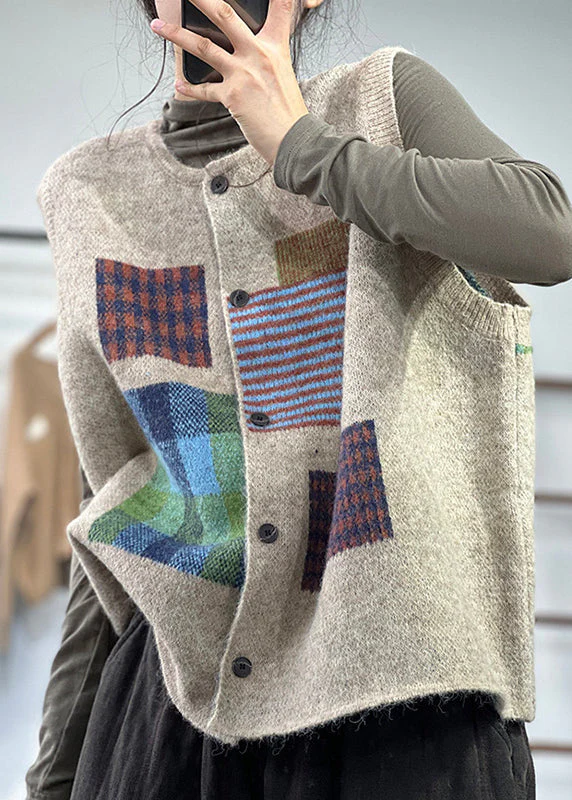 French Khaki Button Print Woolen Waistcoat Sleeveless - konjwa