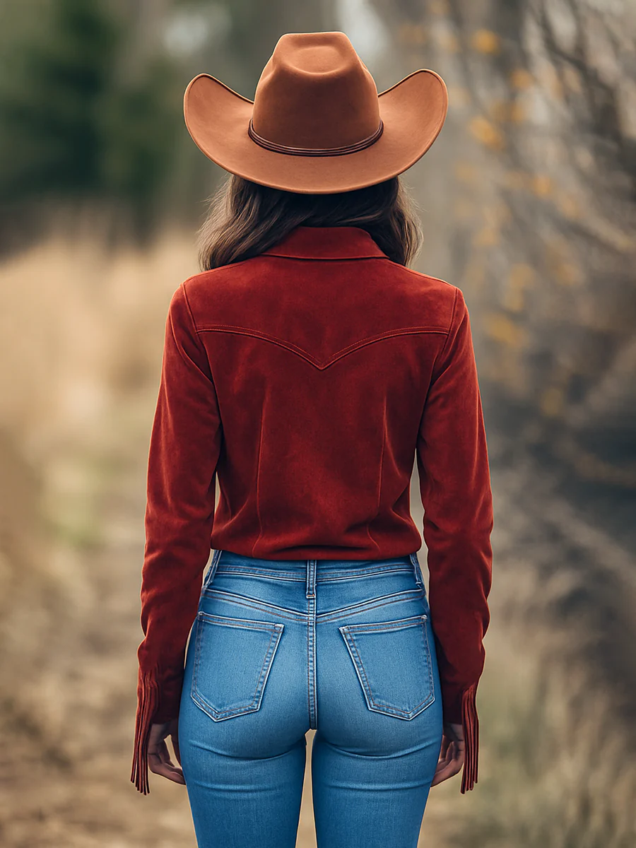 Outdoor Western Cowboy Red Suede Lapel Tassel Long Sleeve Shirt - konjwa