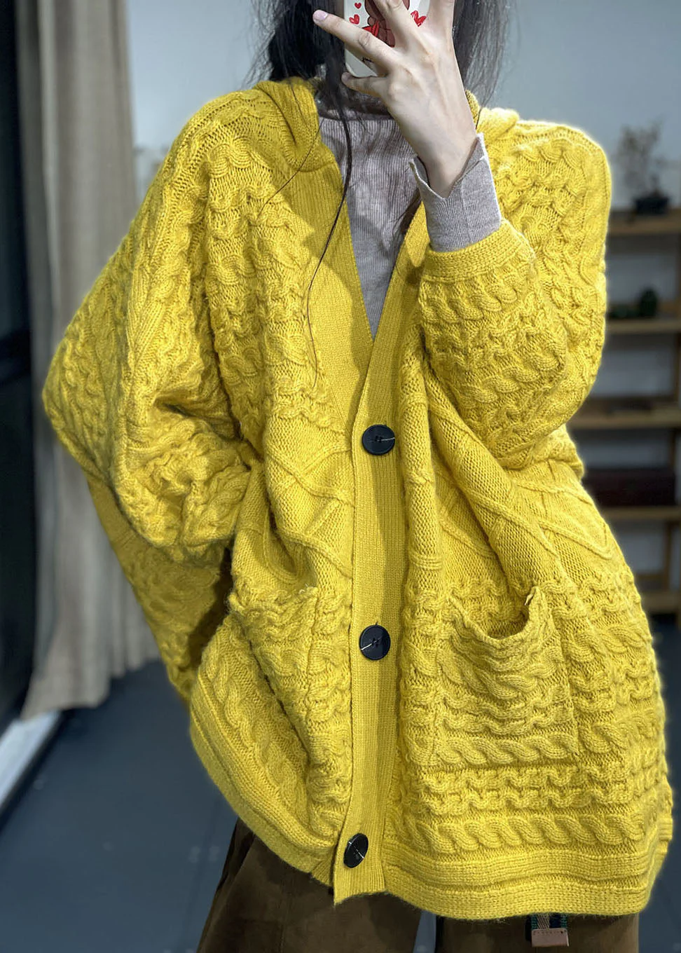 Modern Yellow Oversized Pockets Rabbit Hair Knit Cardigans Winter - konjwa
