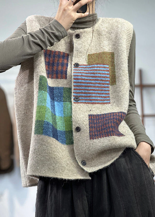 French Khaki Button Print Woolen Waistcoat Sleeveless - konjwa