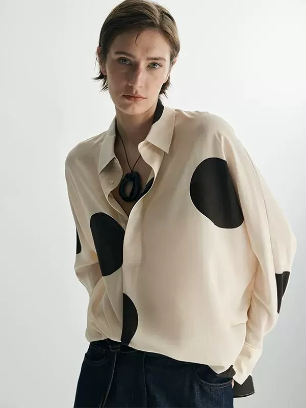 Women's Polka Dot Mulberry Silk Long-Sleeve Shirt – Relaxed-Fit Casual Silk Blouse - konjwa