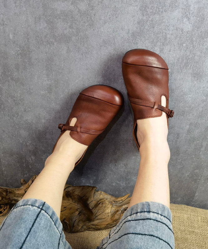 Brown Flat Feet Shoes Cowhide Leather Fashion Buckle Strap Flat Shoes - konjwa