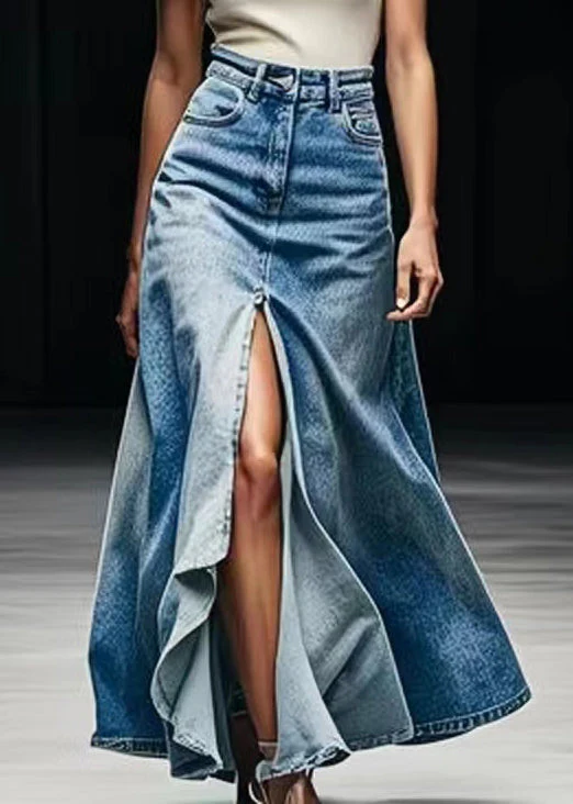 Plus Size Blue Pockets Side Open Denim Maxi Skirts Summer - konjwa