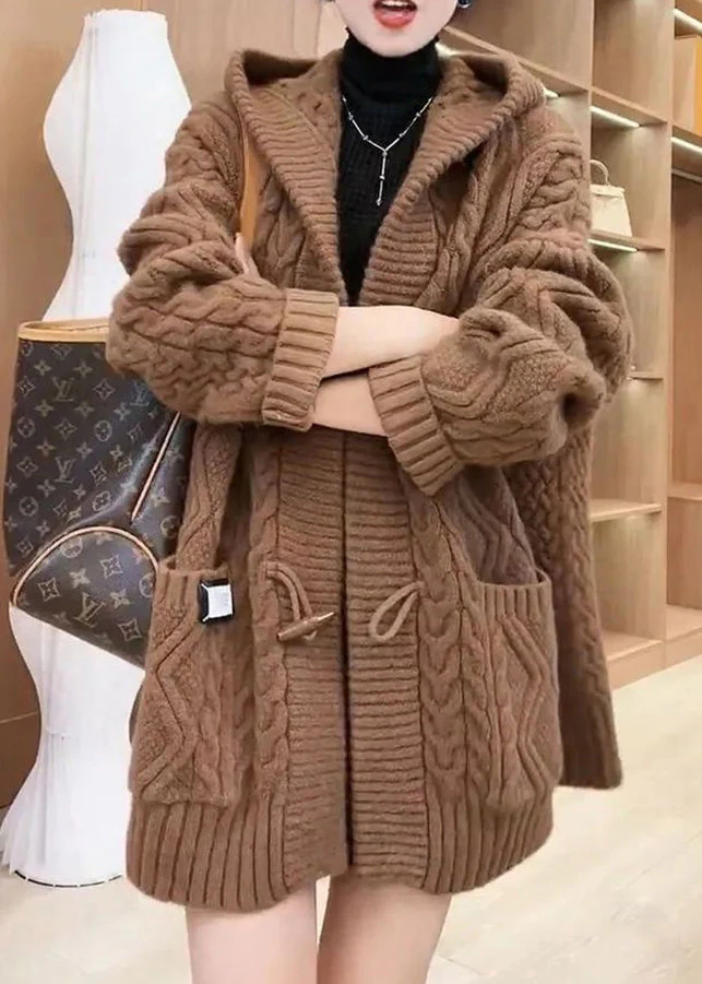 Elegant Chocolate Colour Button Cable Knit Sweaters Coats Fall - konjwa