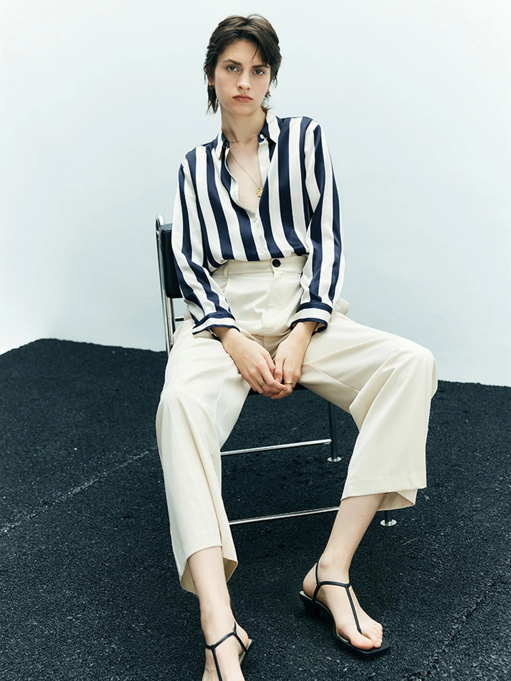 Women's Striped Print Mulberry Silk Shirt – Relaxed-Fit Collared Silk Blouse for Spring/Fall - konjwa
