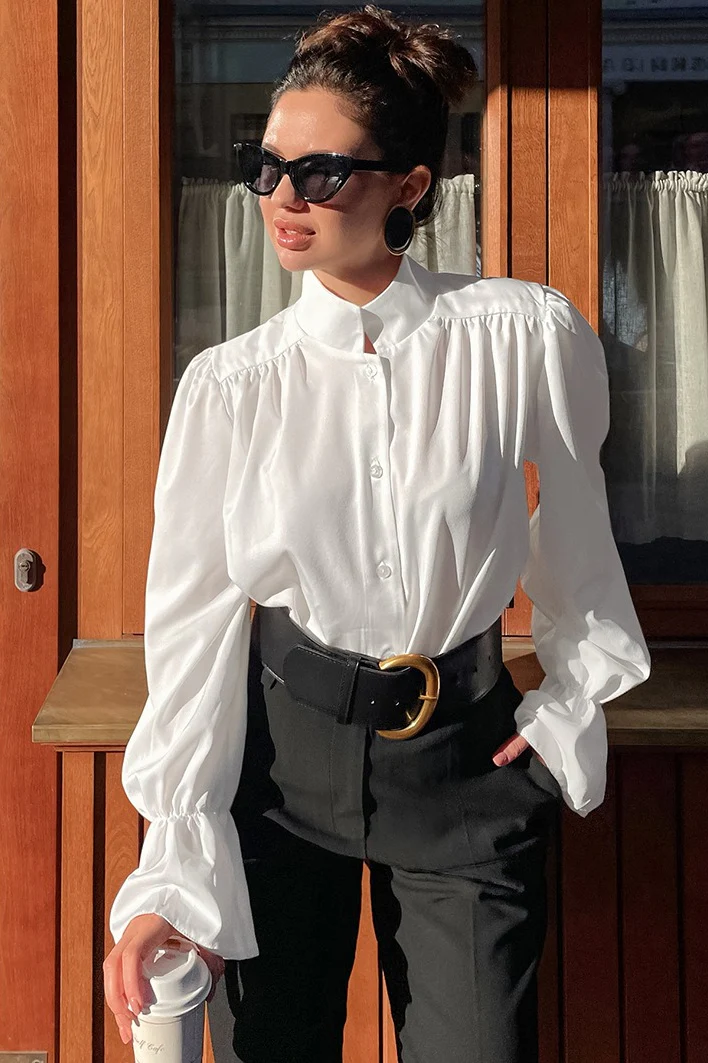 Mandarin Collar Puff Sleeve Blouse - konjwa