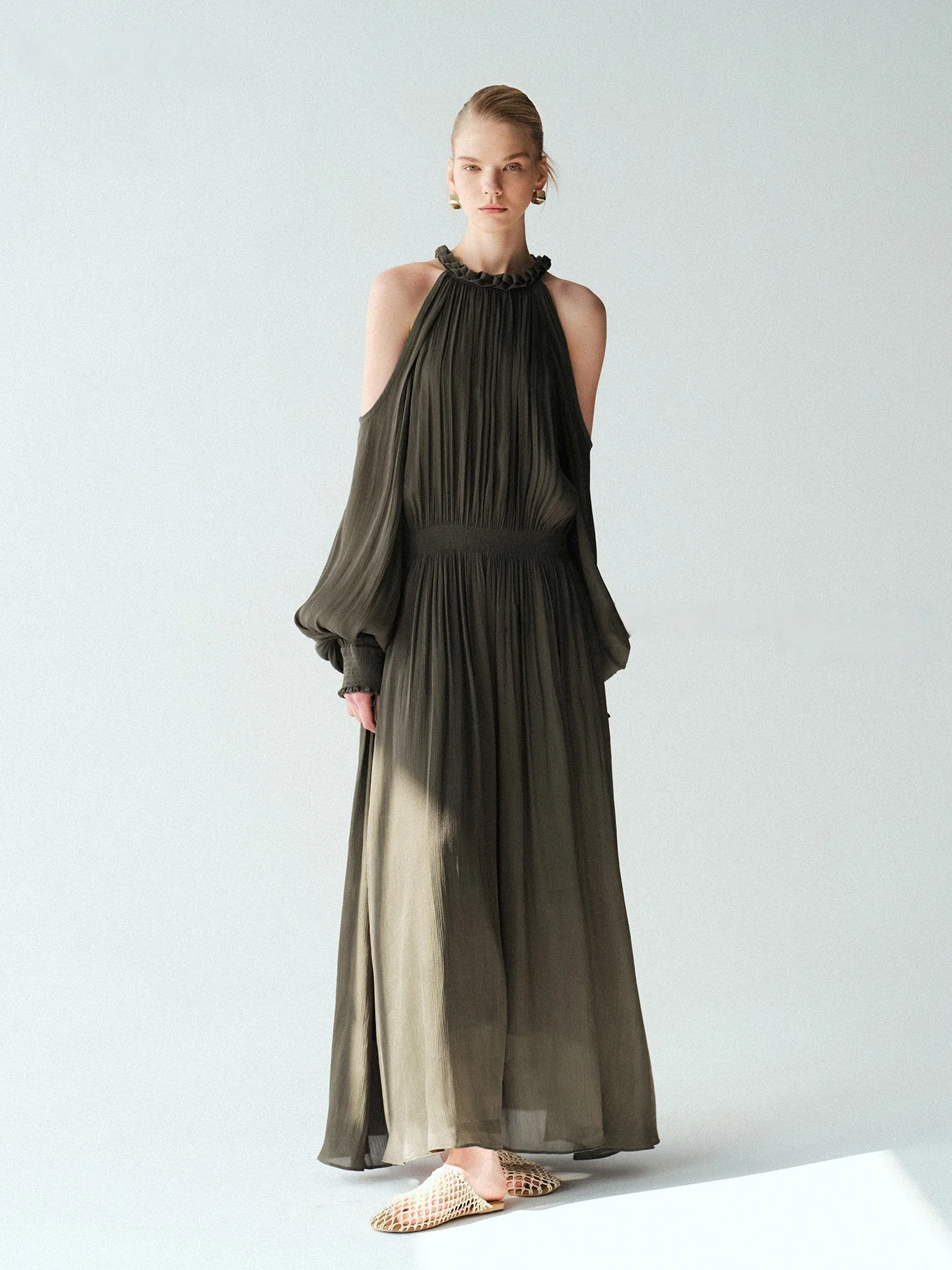 Glossy Island Silk Halter Neck Cutout-Shoulder Pleated Maxi Dress - konjwa