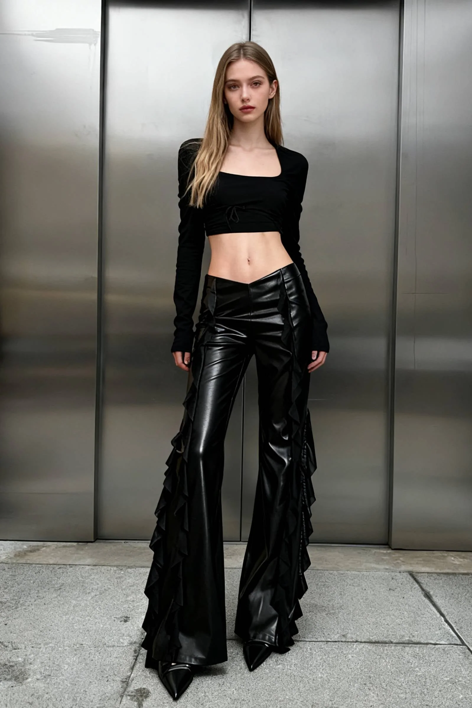 Gothic Zip Women Casual Flare Pants Faux PU Mesh Pants - konjwa