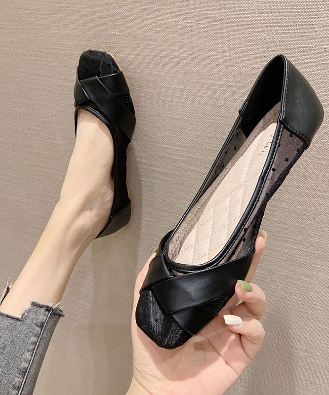 Women Black Dot Faux Leather Buckle Strap Flat Shoes - konjwa